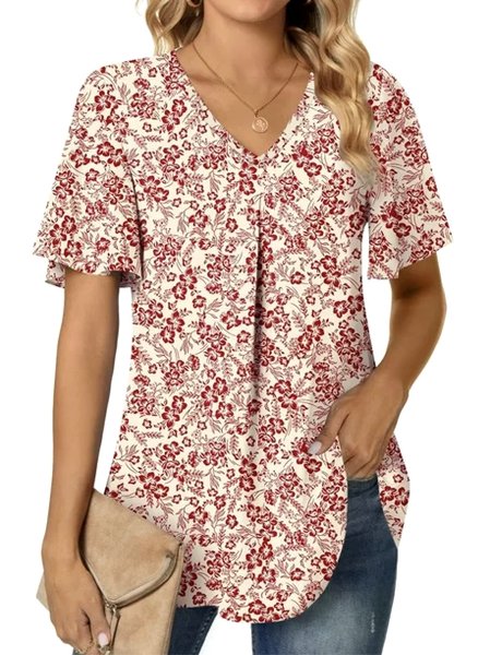 

V Neck Short Sleeve Floral Regular Micro-Elasticity Regular Fit Shirt For Women, Apricot, Shirts