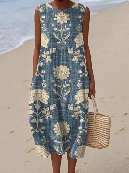 

Women Floral Summer Dress Crew Neck Sleeveless A-Line Dress, Navy blue, Dresses