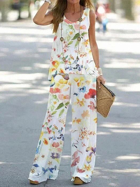 

Women Floral Printing Two-Piece Set Daily Sleeveless Casual Summer Multi-Piece Set Matching Set, White, Suit Set