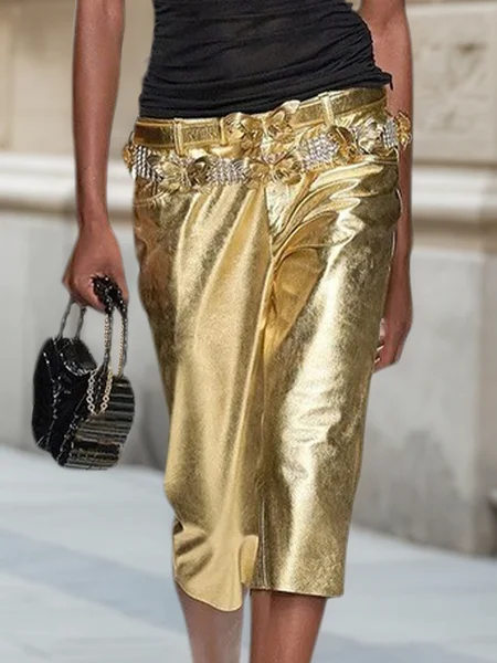 

Urban Plain PU Straight Pants Pant No Belt, Golden, Pants