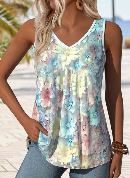 

Women Floral Sleeveless Tee T-shirt V Neck Casual Summer Top, As picture, Tanks & Camis