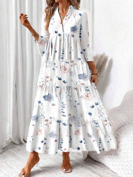 

Women Floral Spring/Fall Dress V Neck Long Sleeve A-Line Dress, White, Maxi