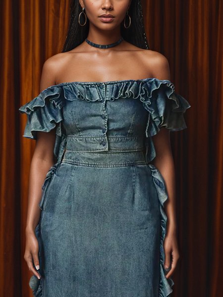 

Elegant Plain Peplum Cold Shoulder Denim Top, Denim blue, Blouses and Shirts