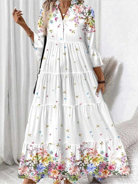 

Women Floral Spring/Fall Dress V Neck Long Sleeve A-Line Dress, White, Maxi