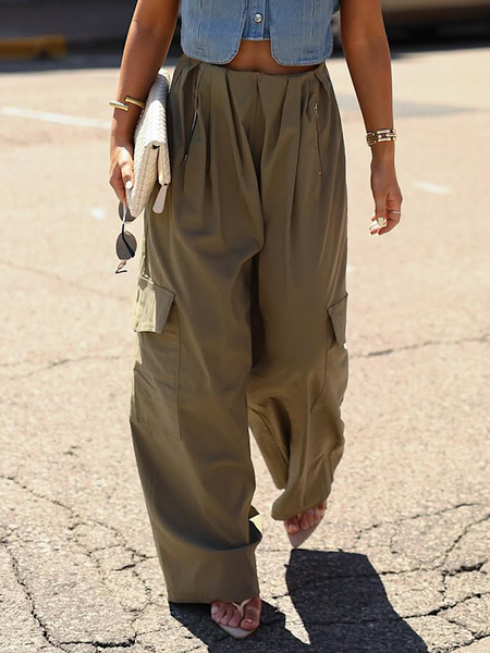 

Casual Plain Pockets Cargo Pants, Green, Pants