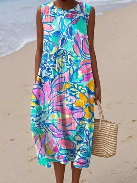 

Women Floral Summer Dress Crew Neck Sleeveless A-Line Dress, Blue, Dresses
