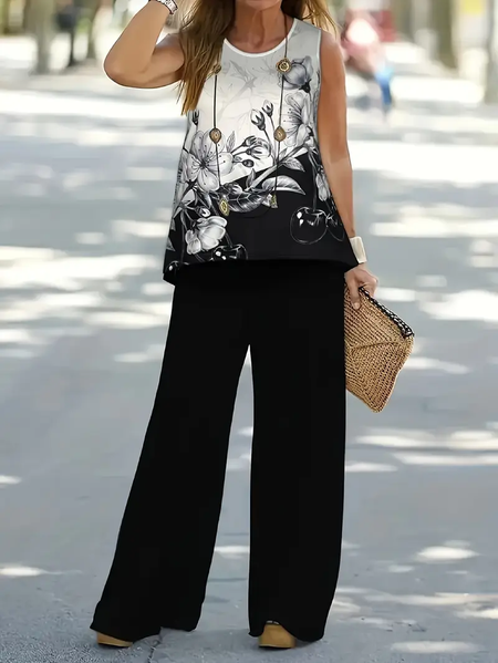 

Women Floral Printing Two-Piece Set Daily Sleeveless Casual Summer Multi-Piece Set Matching Set, Black, Suit Set