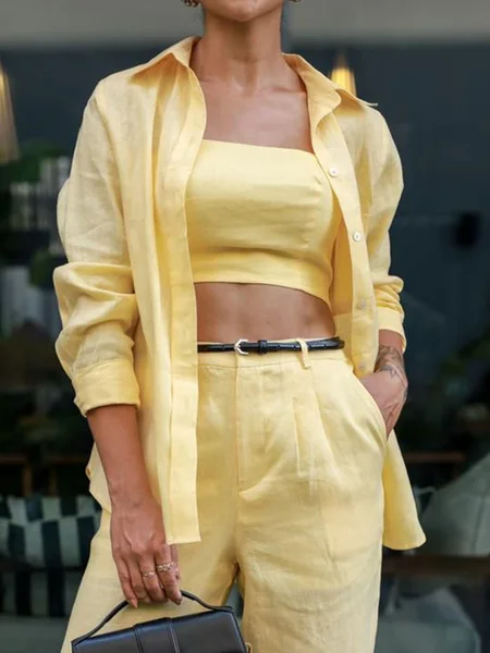 

Linen Blend Urban Plain Shirt Collar Shirt No Vest, Yellow, Blouses and Shirts