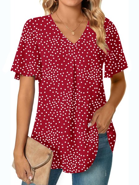 

V Neck Short Sleeve Floral Regular Micro-Elasticity Regular Fit Shirt For Women, Red, Shirts