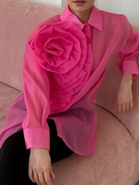 

Urban Plain 3D Floral Shirt Collar Shirt, Rose red, Blouses and Shirts