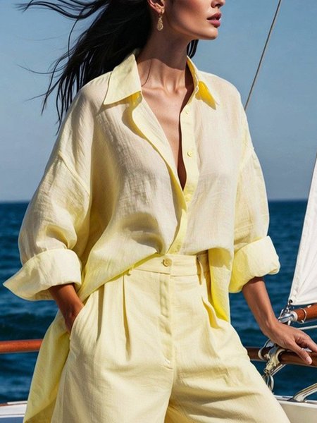 

Cotton And Linen Casual Plain Raglan Sleeves Shirt, Yellow, Blouses and Shirts