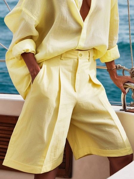 

Cotton And Linen Casual Plain Straight Shorts, Yellow, Shorts