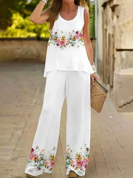 

Women Floral Printing Two-Piece Set Daily Sleeveless Casual Summer Multi-Piece Set Matching Set, White, Suit Set