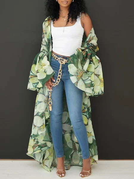 

Vacation Bell Sleeve Printing Floral Kimono, Green, Kimonos