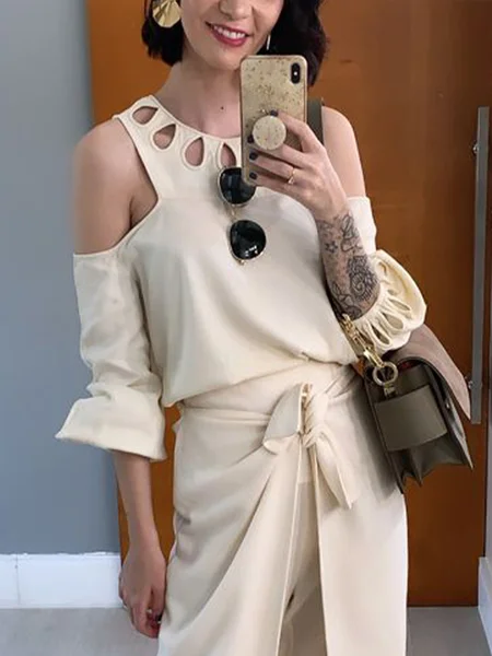 

Urban Plain Hollow Out Crew Neck Off Shoulder Sleeve Blouse, Beige, Blouses and Shirts