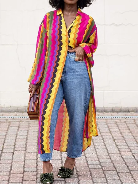 

Urban Abstract Stripes Printing Shawl Collar Shirt, As picture, Blouses and Shirts