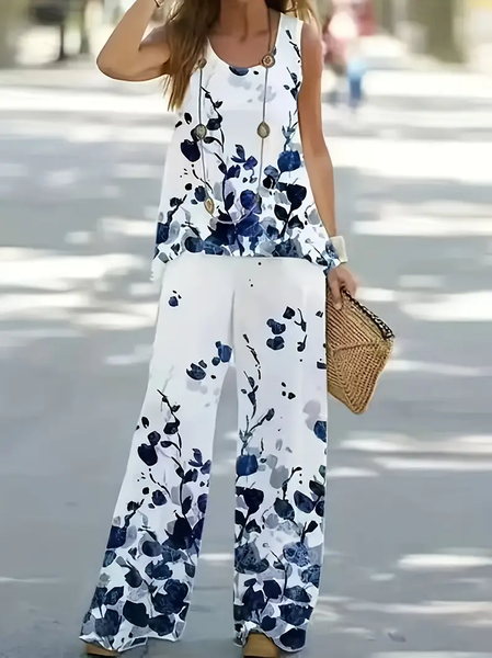

Women Floral Printing Two-Piece Set Daily Sleeveless Casual Summer Multi-Piece Set Matching Set, White, Suit Set