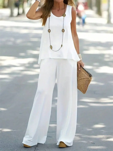 

Women Plain Printing Two-Piece Set Daily Sleeveless Casual Summer Multi-Piece Set Matching Set, White, Suit Set