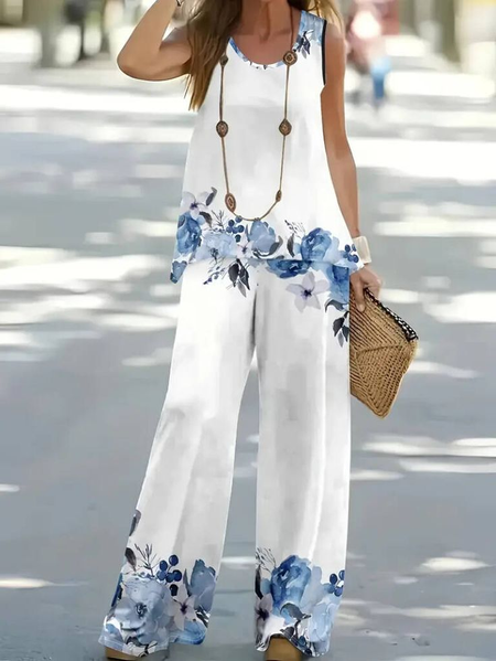 

Women Floral Printing Two-Piece Set Daily Sleeveless Casual Summer Multi-Piece Set Matching Set, White, Suit Set