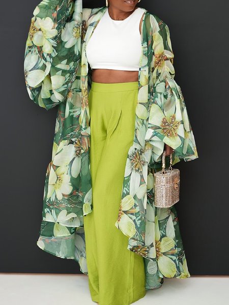 

Vacation Bell Sleeve Printing Floral Kimono, Green, Kimonos