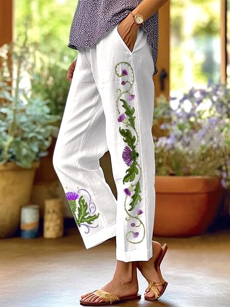 

Women Floral Long Pants Casual Spring/Fall Trousers, White, Pants
