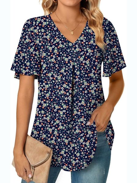 

V Neck Short Sleeve Floral Regular Micro-Elasticity Regular Fit Shirt For Women, Blue, Shirts