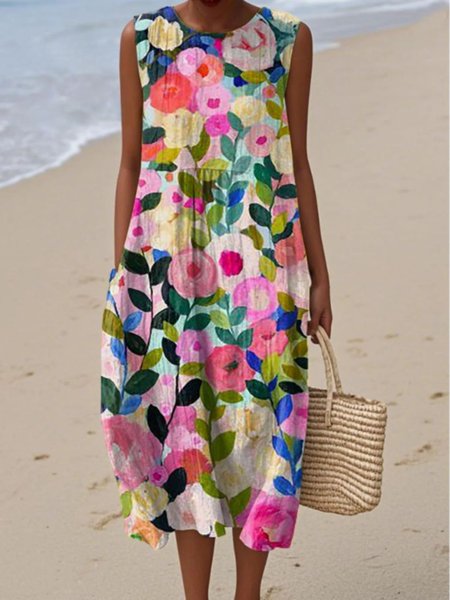 

Women Floral Summer Dress Crew Neck Sleeveless A-Line Dress, Peach, Dresses