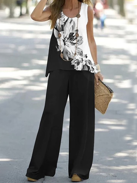 

Women Floral Printing Two-Piece Set Daily Sleeveless Casual Summer Multi-Piece Set Matching Set, Black, Suit Set