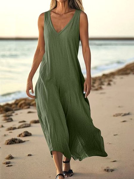 

Plain Casual V Neck Dress With No, Green, Midi Dresses