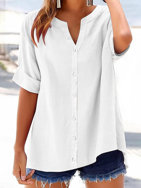 

Women Plain Short Sleeve Shirt Summer Printing V Neck Daily Casual Top, White, Shirts