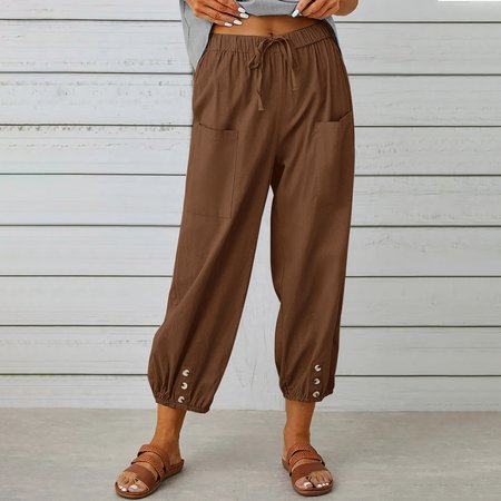 

Women Plain Ankle Pants Elastic Waist Pants Casual Spring/Fall Trousers, Brown, Pants