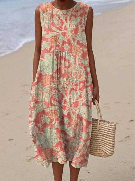 

Women Floral Summer Dress Crew Neck Sleeveless A-Line Dress, Orange, Dresses