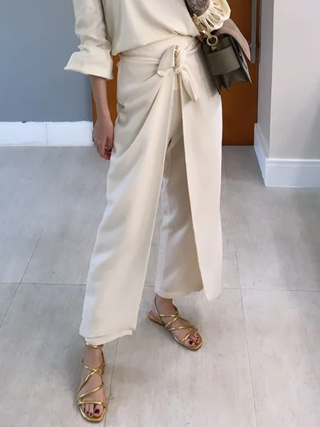 

Urban Plain Irregular Craftsmanship Straight Pants, Beige, Pants