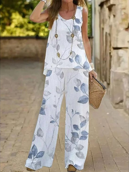 

Women Floral Printing Two-Piece Set Daily Sleeveless Casual Summer Multi-Piece Set Matching Set, White, Suit Set