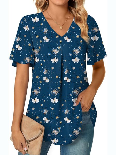 

V Neck Short Sleeve Floral Regular Micro-Elasticity Regular Fit Shirt For Women, Navyblue, Shirts
