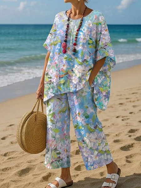

Women's Oil Painting Flowers Print T-shirt And Pants Two Piece Set, As picture, Suits