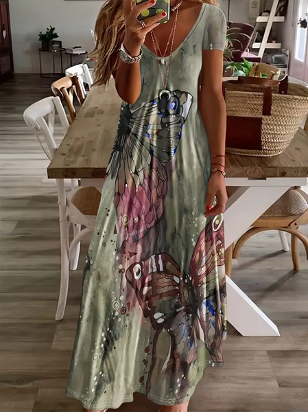 

Women Butterfly Short Sleeve Summer Printing Dress V Neck Daily Casual Maxi X-Line Dress, Green, Casual Dresses