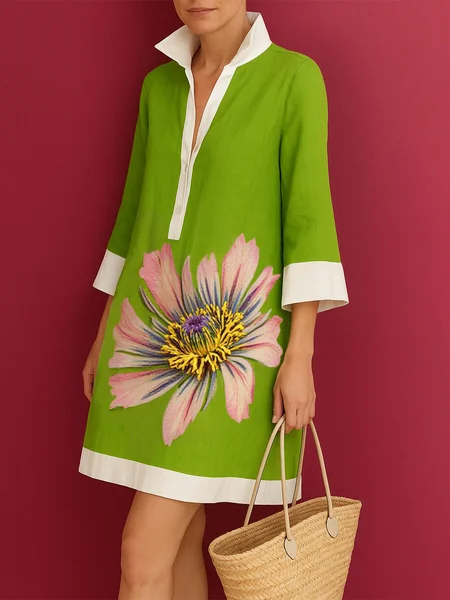 

Casual Floral Printing Shirt Collar Knee Length Dress, Green, Midi Dresses