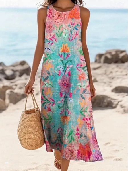 

Women Floral Summer Dress Crew Neck Sleeveless A-Line Dress, Pink, Dresses