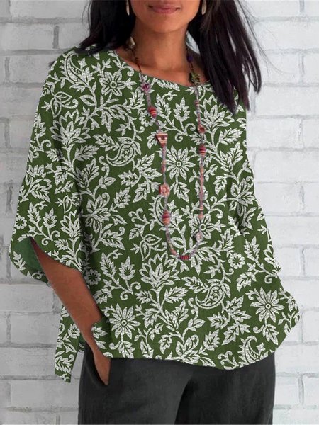 

Casual Floral Crew Neck Long Sleeve T-shirt, Green, T-shirts