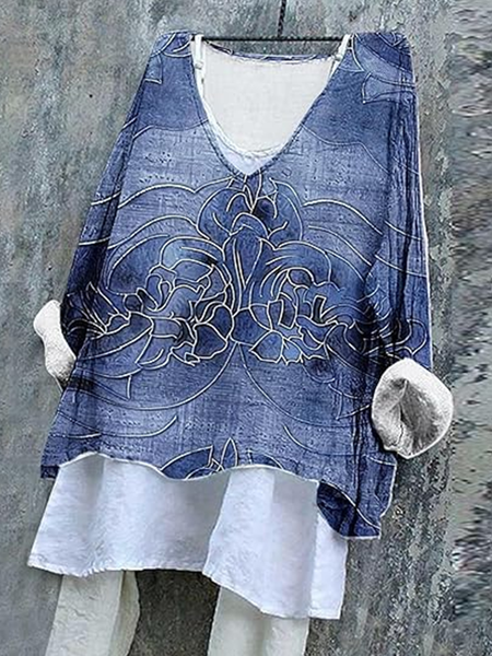 

Vintage Geometric V Neck Long Sleeve T-shirt, As picture, T-shirts