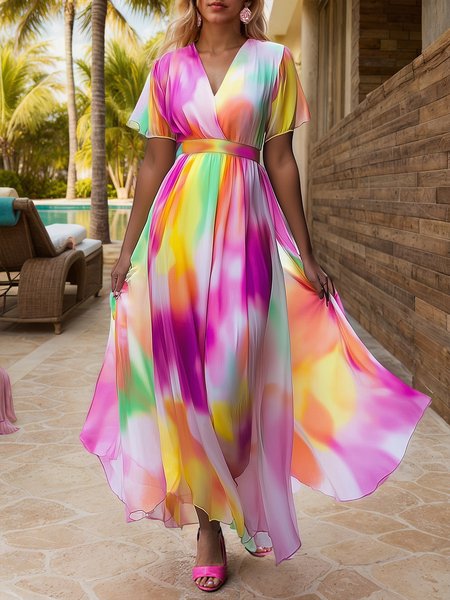 

Vacation Random Print Printing V Neck Maxi Dress, As picture, Maxi Dresses