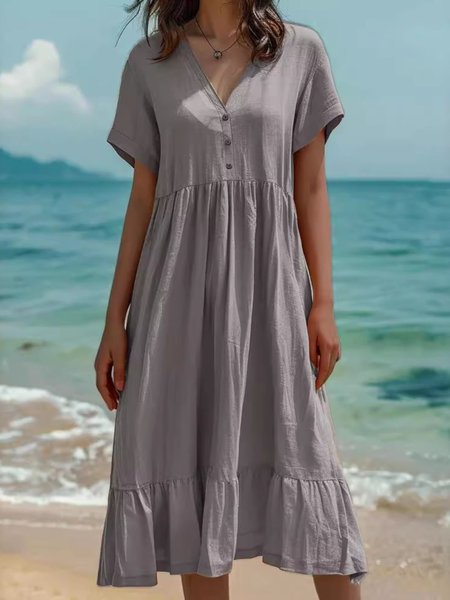 

Women Plain Summer Dress V Neck Short Sleeve T-Shirt Dress H-Line Dress, Gray, Dresses
