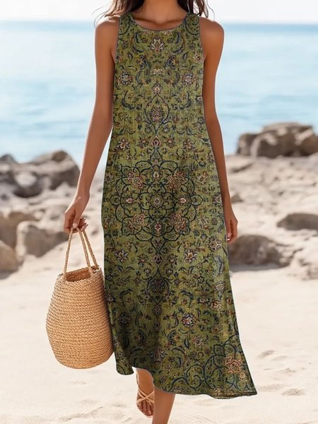 

Women Floral Summer Dress Crew Neck Sleeveless A-Line Dress, Brown, Dresses