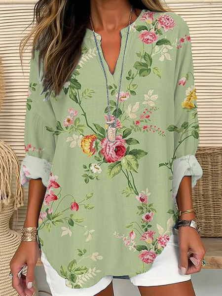 

Women Floral Long Sleeve Blouse Spring/Fall Printing V Neck Daily Casual Top, Green, Shirts