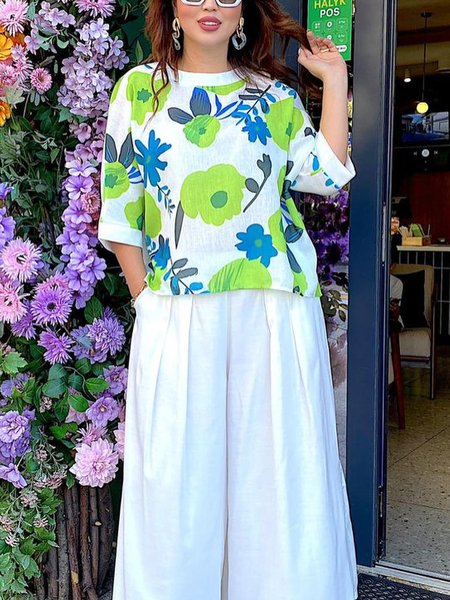 

Casual Floral Printing Crew Neck Raglan Sleeves Blouse, As picture, Blouses and Shirts