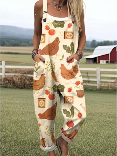 

Women Animal Square Neck Gallus Casual Summer Cotton And Linen Jumpsuit, Yellow, Jumpsuits&Rompers