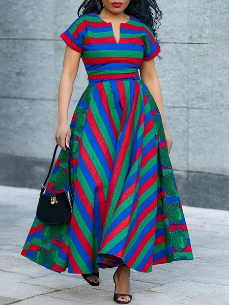 

Urban Striped Raglan Sleeves Printing Notched Maxi Dress, As picture, Maxi Dresses