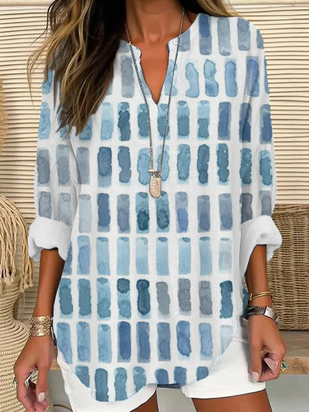 

Women Geometric Long Sleeve Blouse Spring/Fall Printing V Neck Daily Casual Top, Blue, Shirts