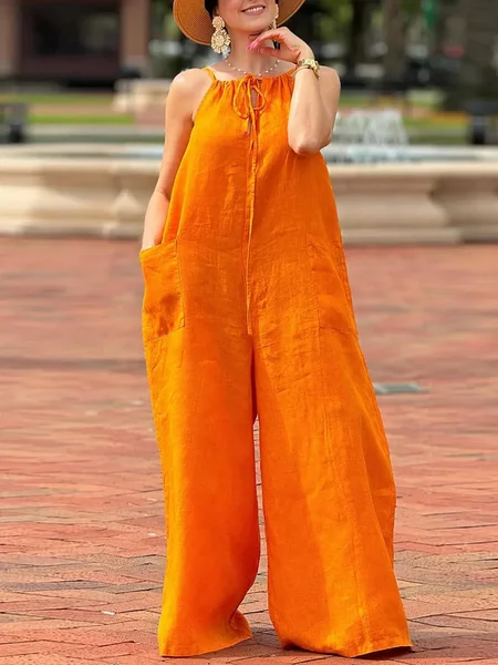 

Cotton And Linen Vacation Pockets Plain Spaghetti Tank Jumpsuit, Orange, Jumpsuits